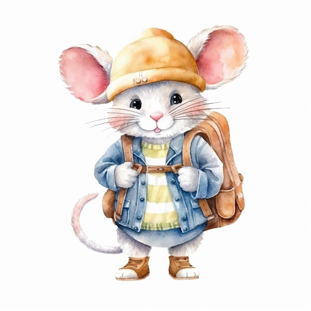 There is a watercolor painting of a mouse with a backpack generative ai