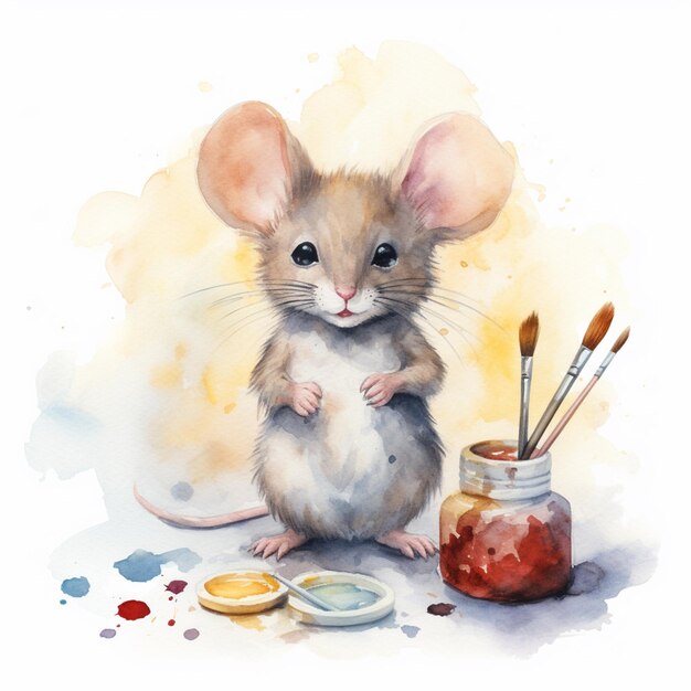 Photo there is a watercolor painting of a mouse with paint brushes generative ai