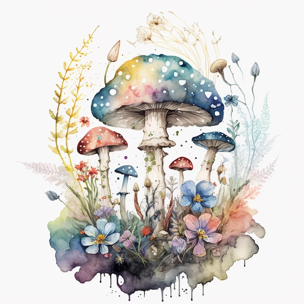 There is a watercolor painting of a mushroom and flowers generative ai