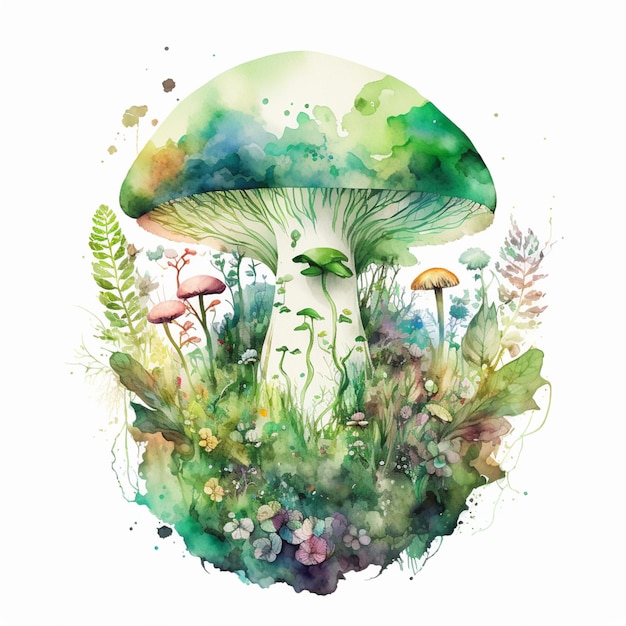 There is a watercolor painting of a mushroom in the grass generative ai