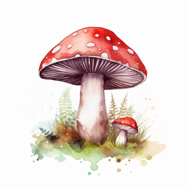 There is a watercolor painting of a mushroom on the ground generative ai