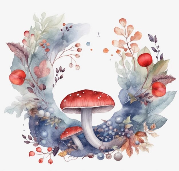 There is a watercolor painting of a mushroom surrounded by leaves and berries generative ai