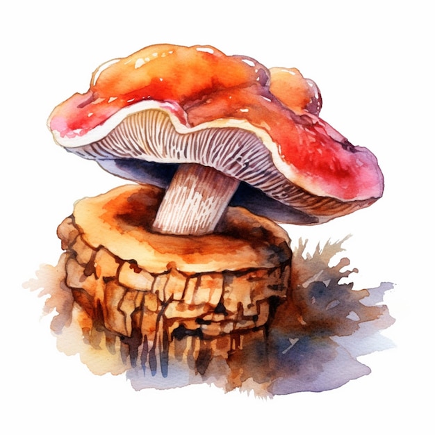 There is a watercolor painting of a mushroom on a tree stump generative ai