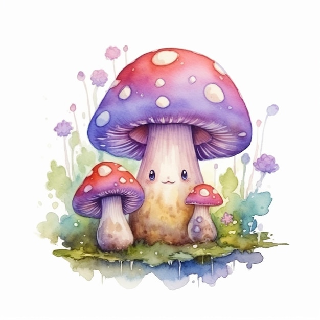 There is a watercolor painting of a mushroom with a face generative ai