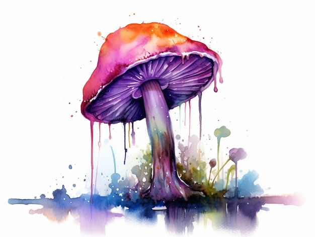 There is a watercolor painting of a mushroom with a pink cap generative ai