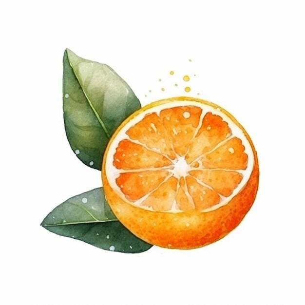 There is a watercolor painting of an orange with leaves generative ai