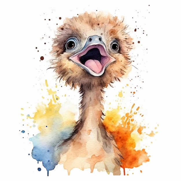 There is a watercolor painting of an ostrich with a big smile generative ai