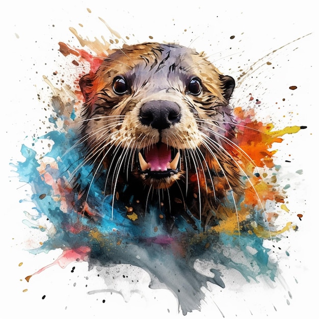 there is a watercolor painting of a otter with its mouth open generative ai