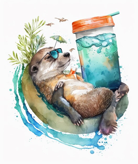 Foto c'è un dipinto ad acquerello di una lontra con occhiali da sole e una bevanda generativa ai