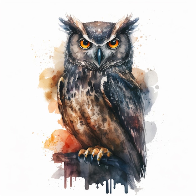 There is a watercolor painting of an owl sitting on a branch generative ai