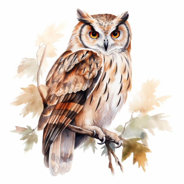 There is a watercolor painting of an owl sitting on a branch generative ai