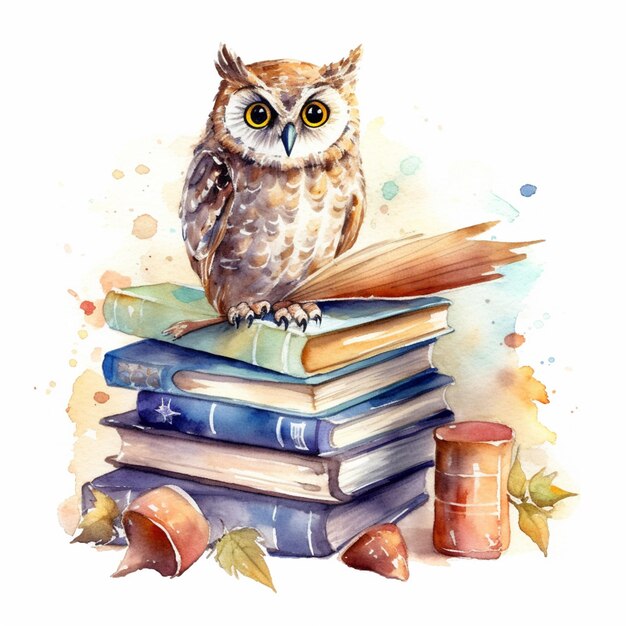 There is a watercolor painting of an owl sitting on a stack of books generative ai