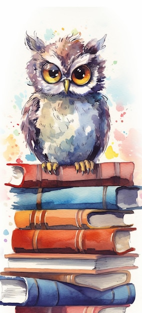 There is a watercolor painting of an owl sitting on a stack of books generative ai