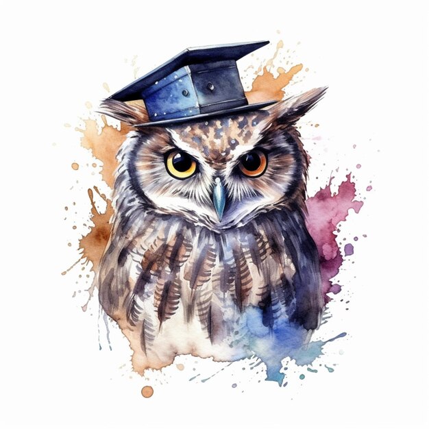 There is a watercolor painting of an owl wearing a graduation cap generative ai