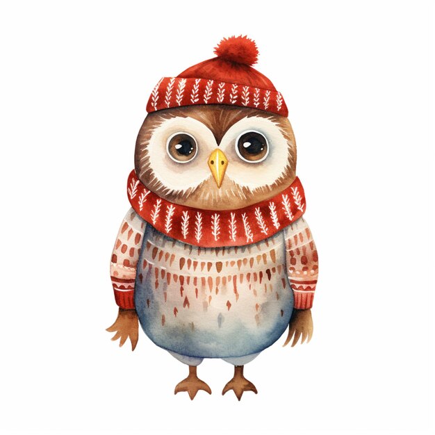 There is a watercolor painting of a owl wearing a red hat generative ai