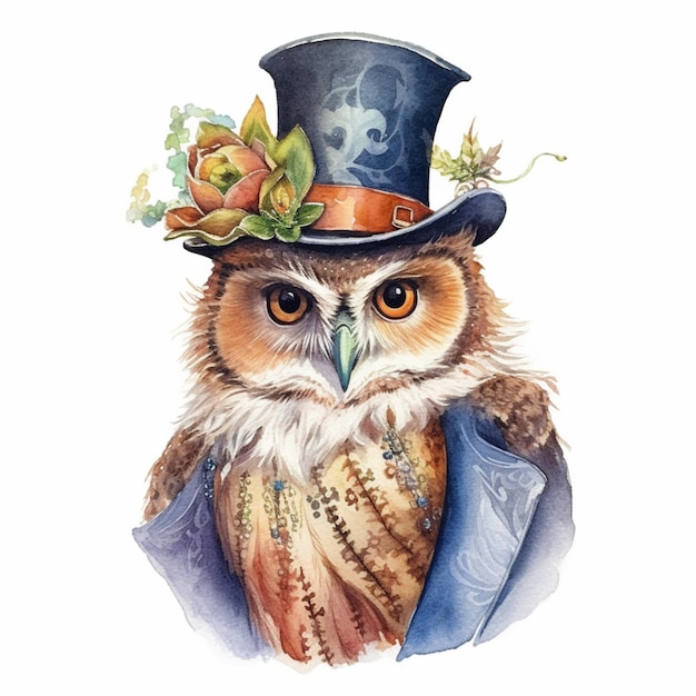 there is a watercolor painting of an owl wearing a top hat generative ai