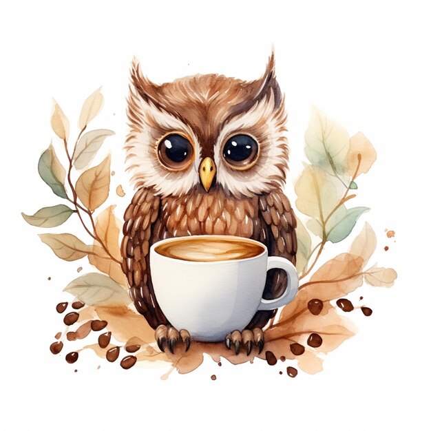 there is a watercolor painting of an owl with a cup of coffee generative ai