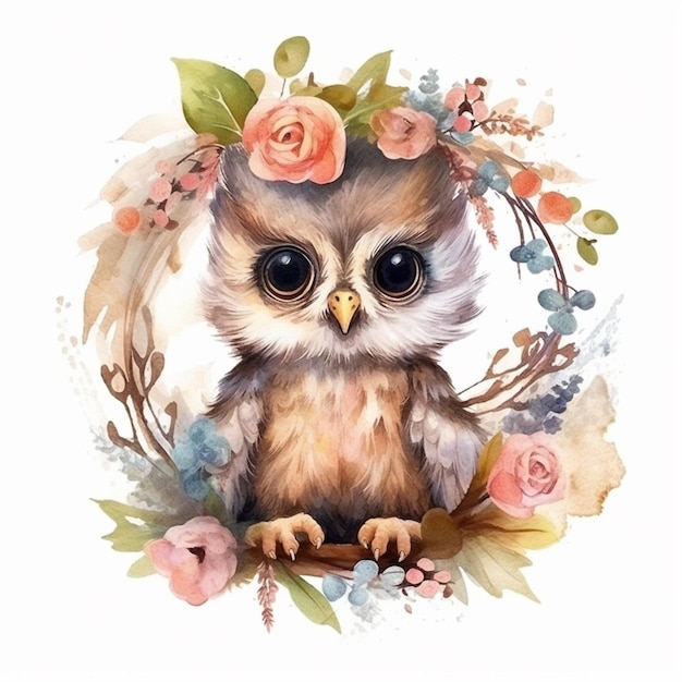 There is a watercolor painting of an owl with flowers on it generative ai