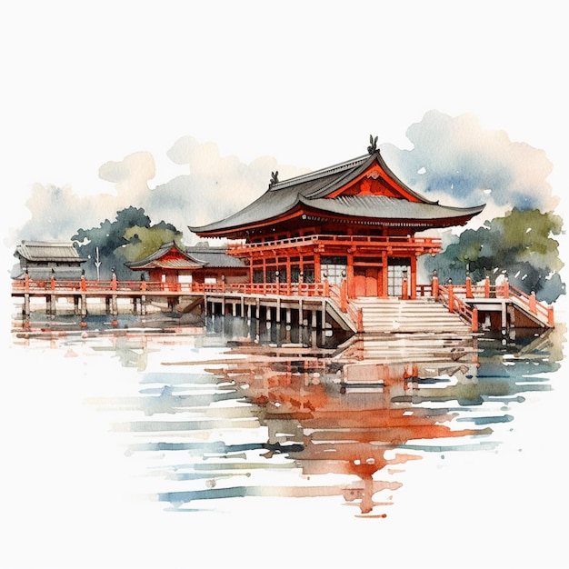 There is a watercolor painting of a pagoda on the water generative ai