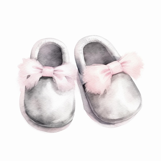 Photo there is a watercolor painting of a pair of baby shoes with a bow generative ai