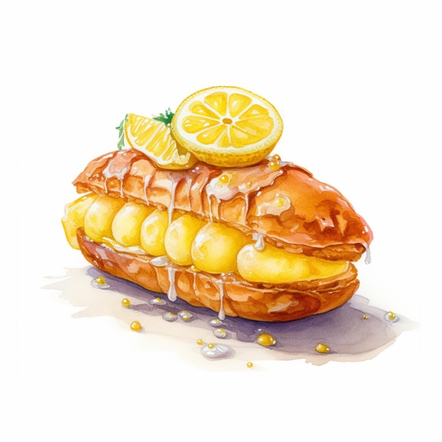 there is a watercolor painting of a pastry with lemons on top generative ai