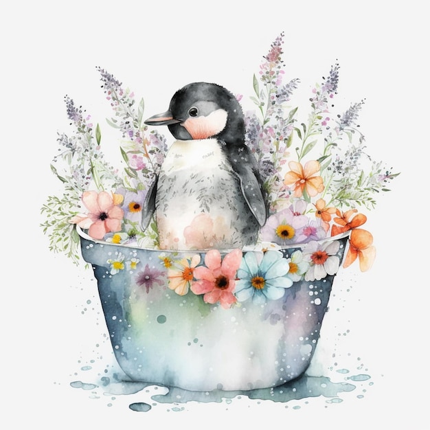 There is a watercolor painting of a penguin sitting in a flower pot generative ai