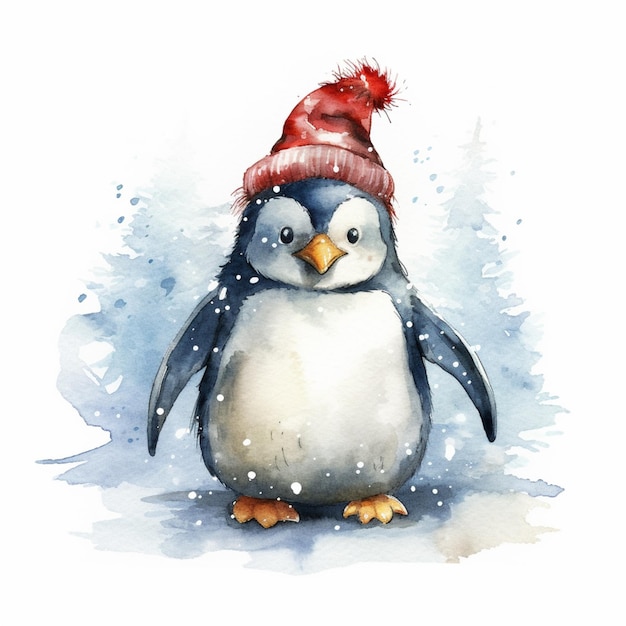 There is a watercolor painting of a penguin wearing a red hat generative ai