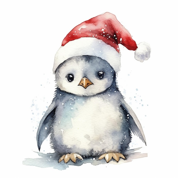 There is a watercolor painting of a penguin wearing a santa hat generative ai