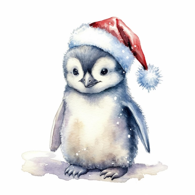 There is a watercolor painting of a penguin wearing a santa hat generative ai