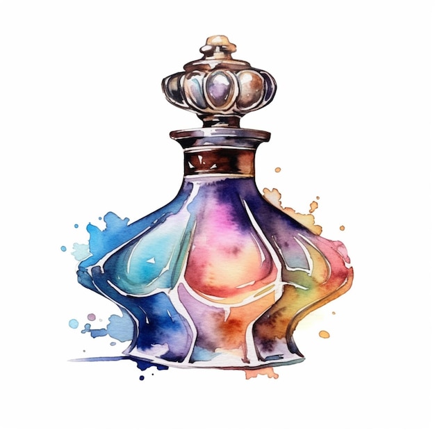 上部に王冠が付いた香水瓶の水彩画があります。生成 AI
