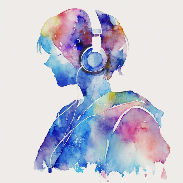 there is a watercolor painting of a person with headphones on generative ai