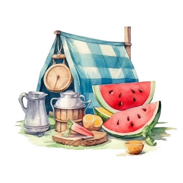 there is a watercolor painting of a picnic table with a tent and a clock generative ai