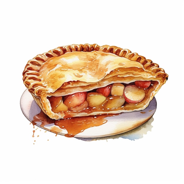 there is a watercolor painting of a pie with apples on it generative ai