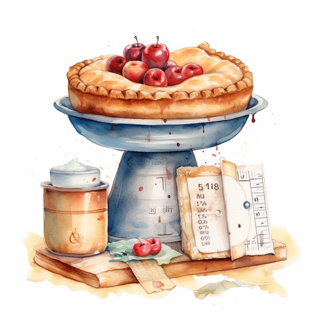 there is a watercolor painting of a pie with cherries on it generative ai