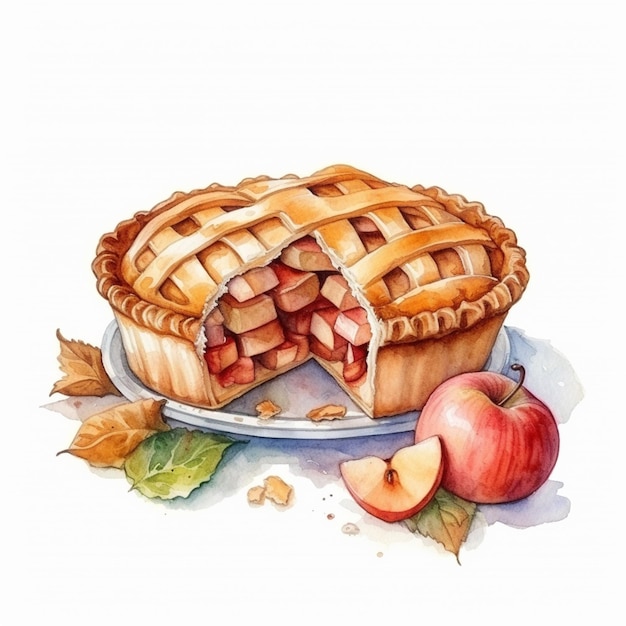 there is a watercolor painting of a pie with a slice taken out of it generative ai