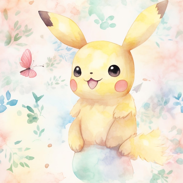 there is a watercolor painting of a pikachu sitting on a ball generative ai