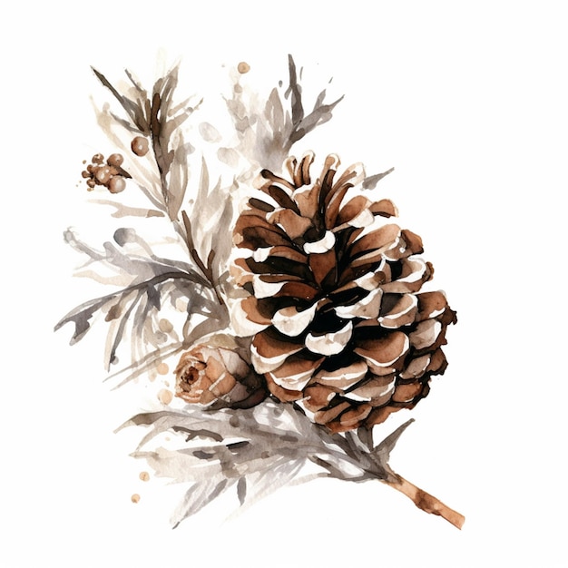 there is a watercolor painting of a pine cone on a branch generative ai