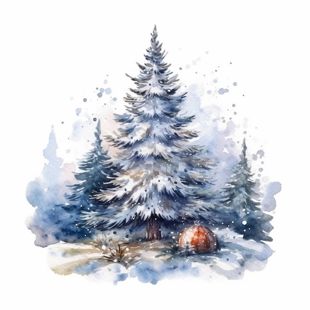 there is a watercolor painting of a pine tree and a ball generative ai