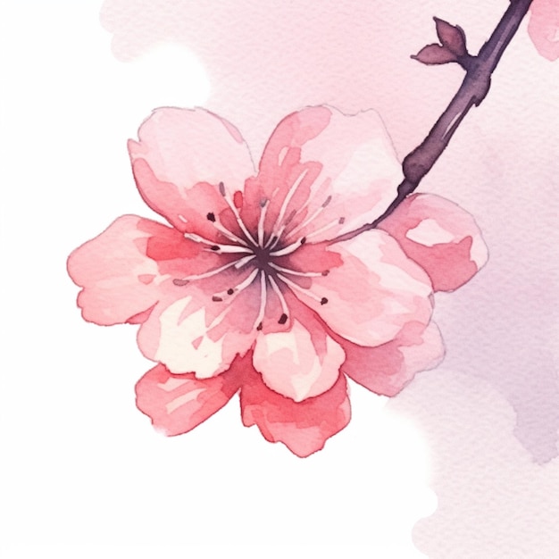 there is a watercolor painting of a pink flower on a branch generative ai