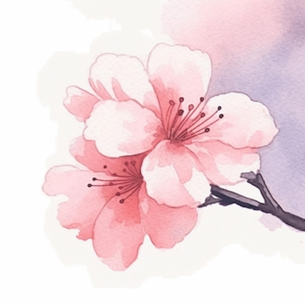 there is a watercolor painting of a pink flower on a branch generative ai