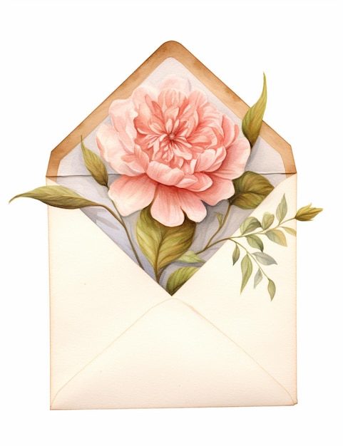 there is a watercolor painting of a pink flower in an envelope generative ai