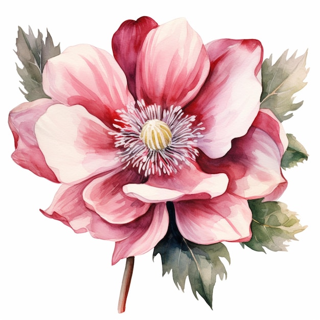 there is a watercolor painting of a pink flower on a white background generative ai