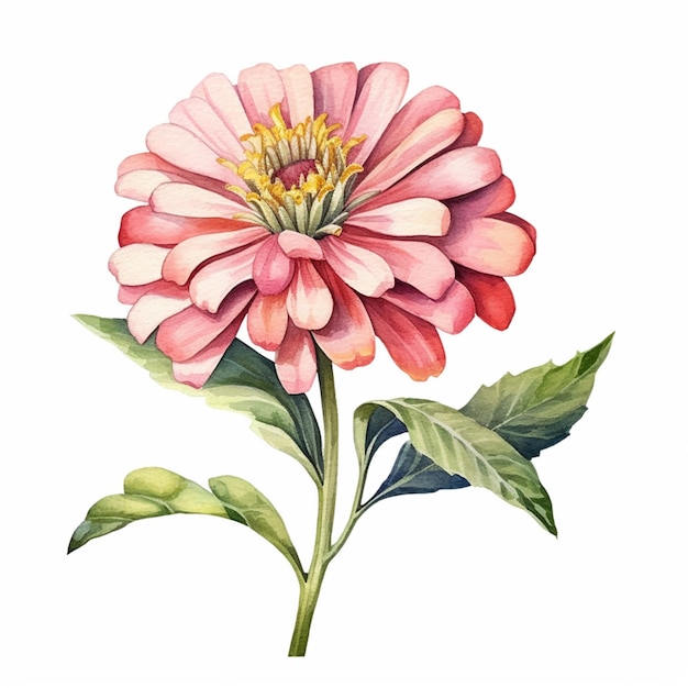 Photo there is a watercolor painting of a pink flower with green leaves generative ai