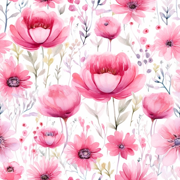 白い背景にピンクの花の水彩画が描かれています