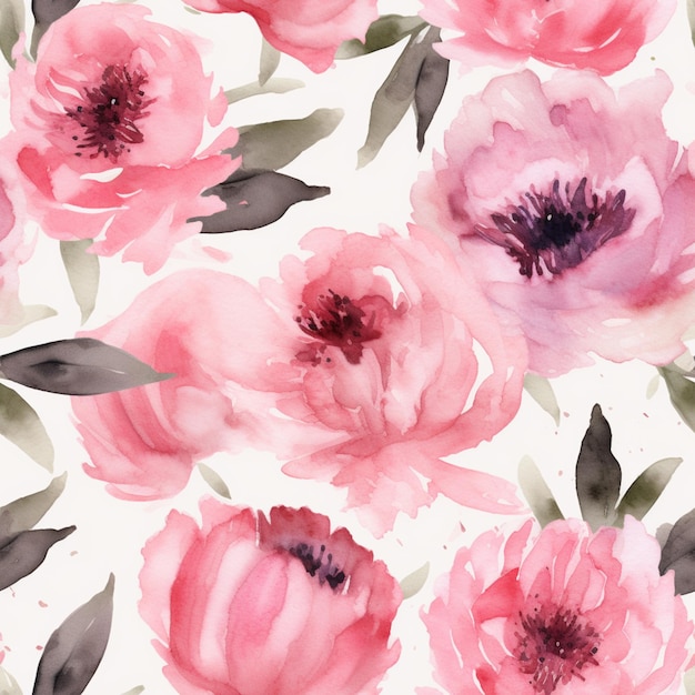 there is a watercolor painting of pink flowers on a white background generative ai