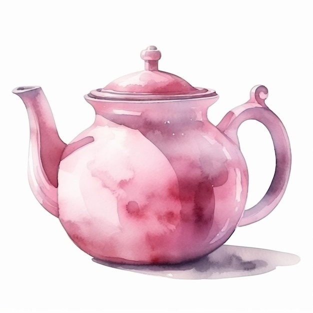 There is a watercolor painting of a pink teapot generative ai