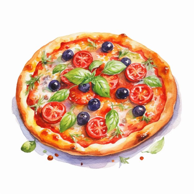 トマトとオリーブのピザの水彩画があります