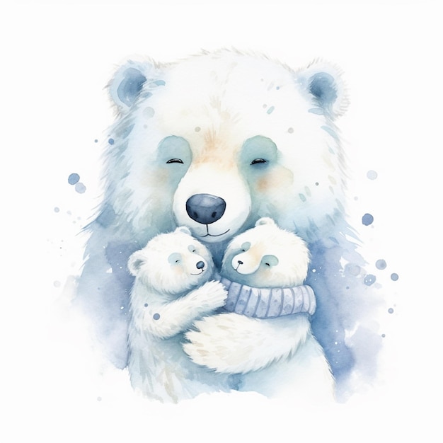 There is a watercolor painting of a polar bear holding two small bears generative ai
