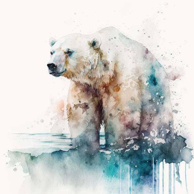 there is a watercolor painting of a polar bear standing on a rock generative ai