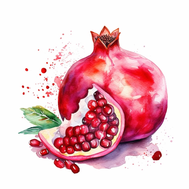 There is a watercolor painting of a pomegranate with a leaf generative ai